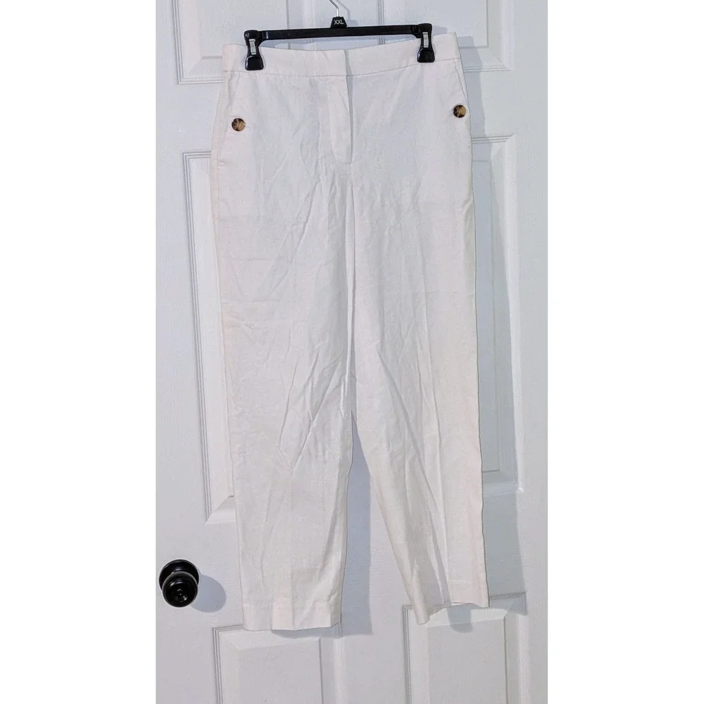 J. Crew White Linen Blend Cropped Pants Button Detail Size 6 NWT‎ $98